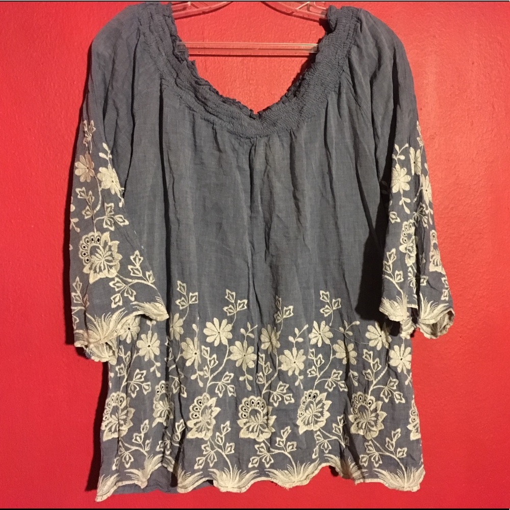 Denim Halter 3 Quarter Bell Sleeve Top